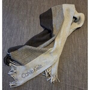 Calvin Klein Mens Scarf Grey Colorblock Ribbed Knit Fringe Logo Winter Accessory